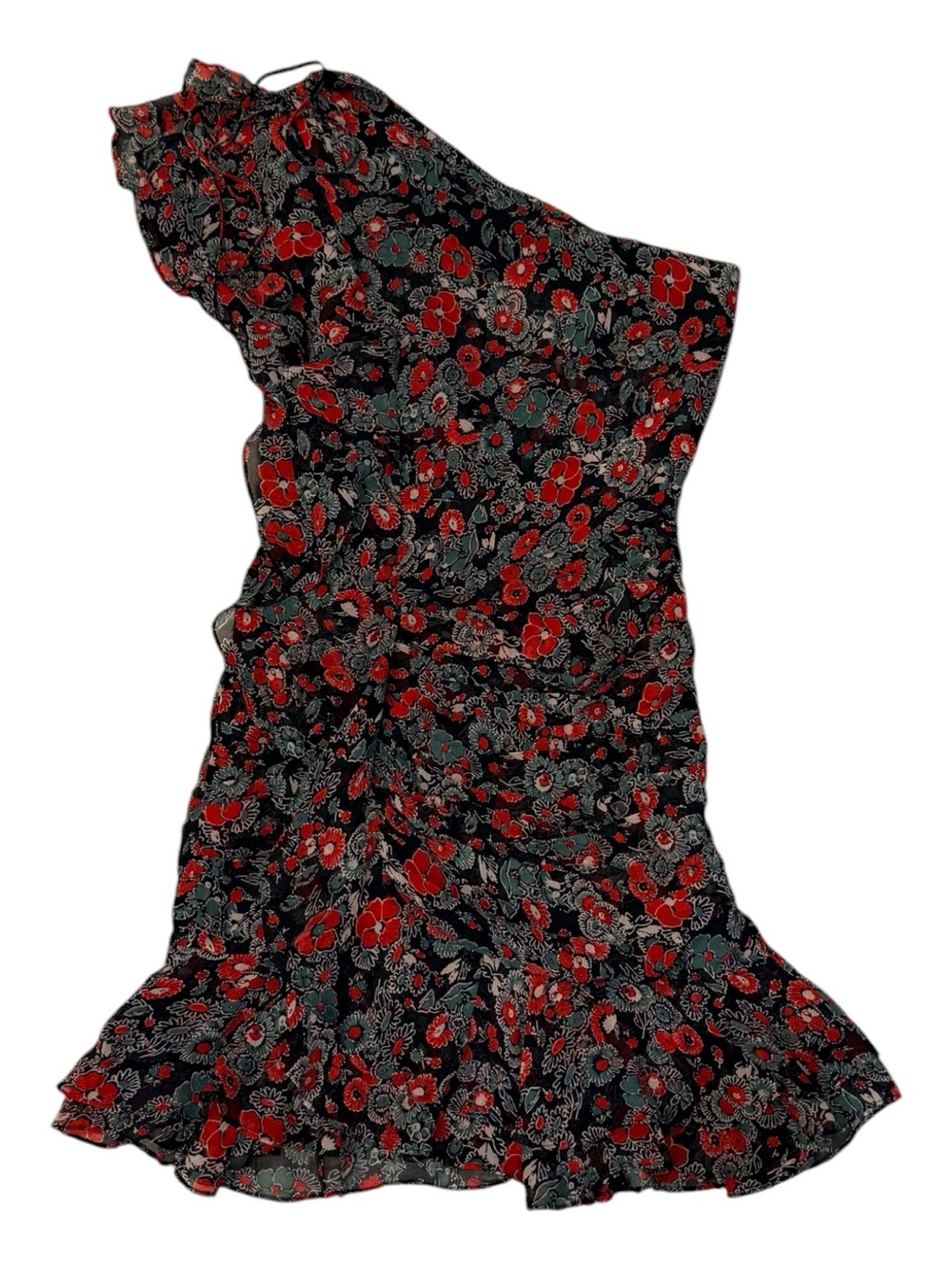 Veronica Beard Ballard One-Shoulder Floral Silk Ruffle Dress